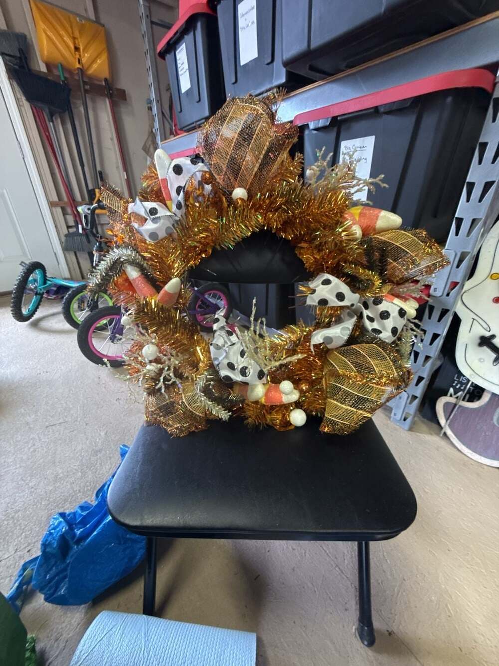 Halloween Gold Tinsel Wreath Candy Corn Polka Dot Ribbon- handmade